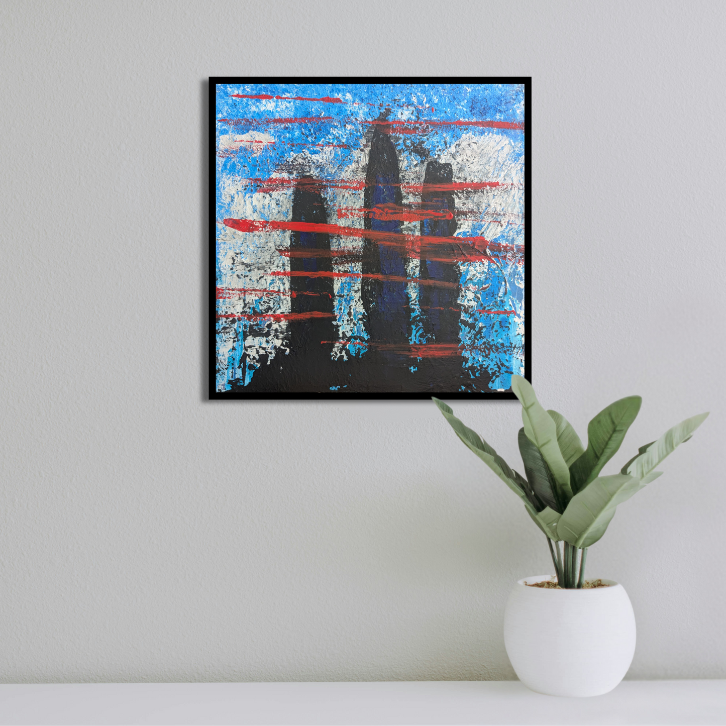 Trois tours devant la montagne - peinture acrylique originale 25x25cm (2025)