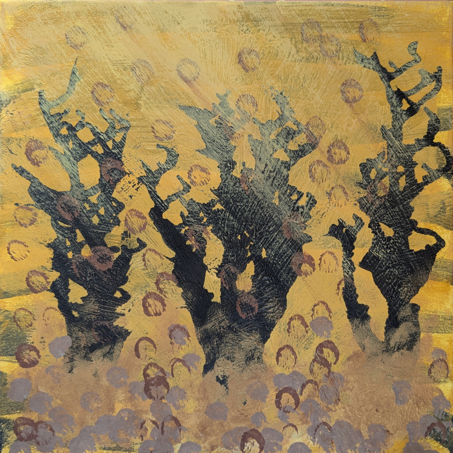 Les trois arbres du feu - peinture acrylique originale 30x30cm (2025)