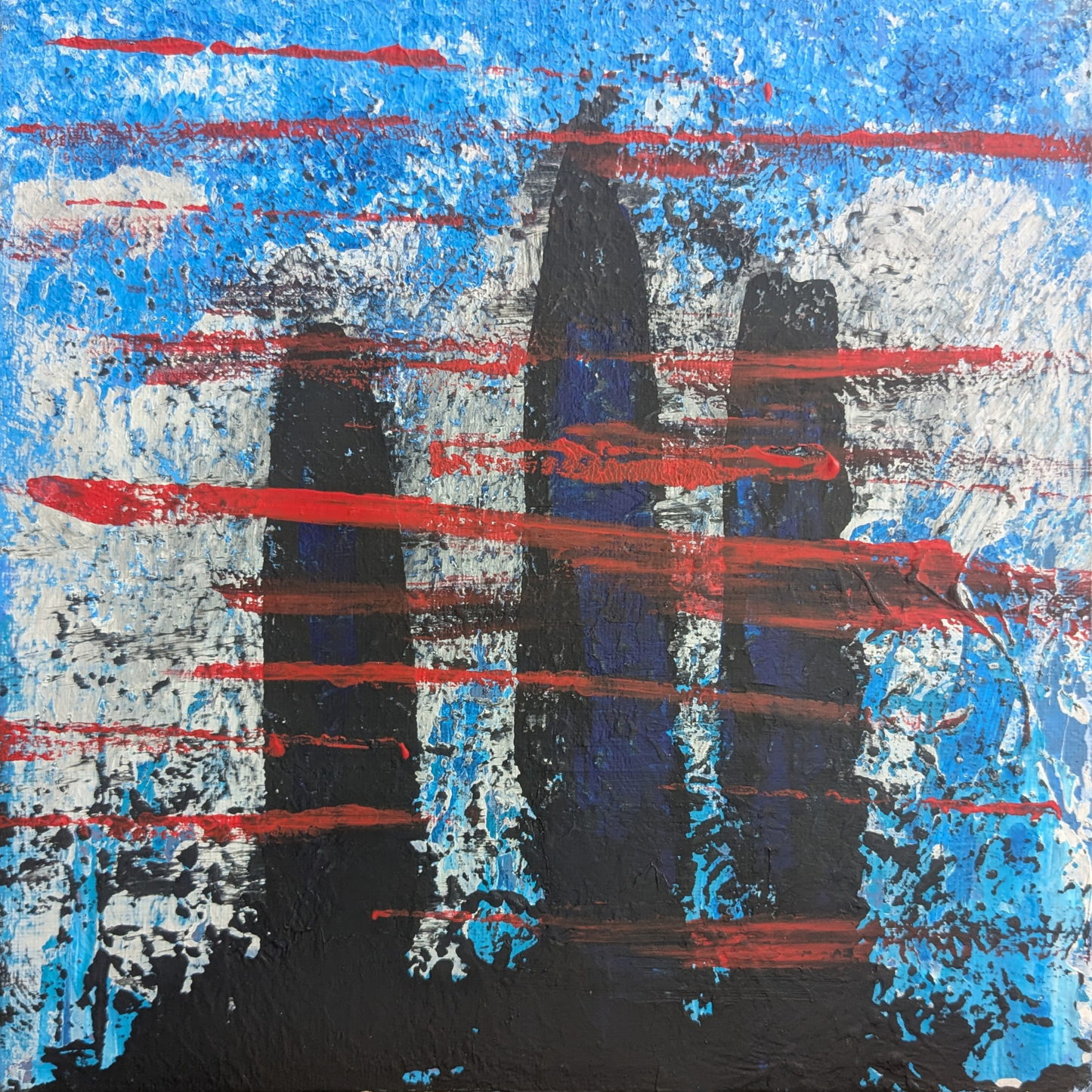 Trois tours devant la montagne - peinture acrylique originale 25x25cm (2025)