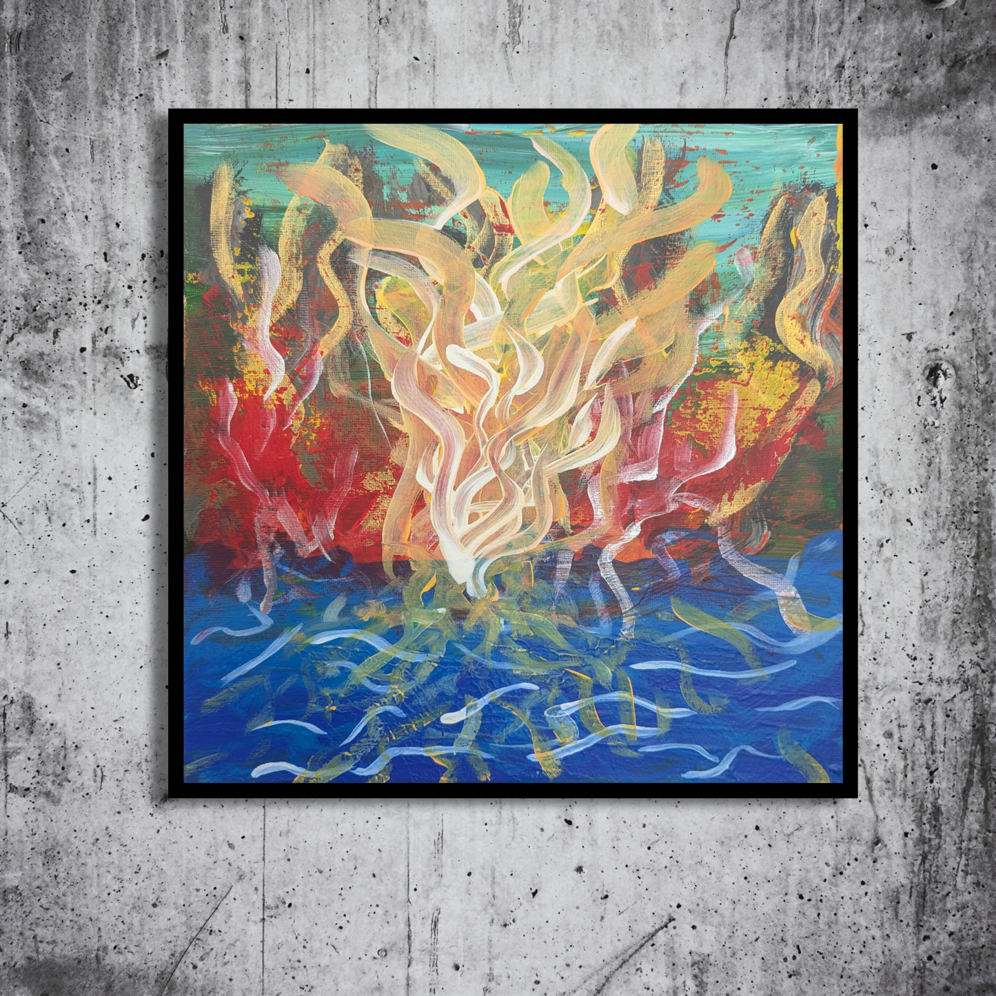 Feu sur le lac - peinture acrylique originale 25x25cm (2025)