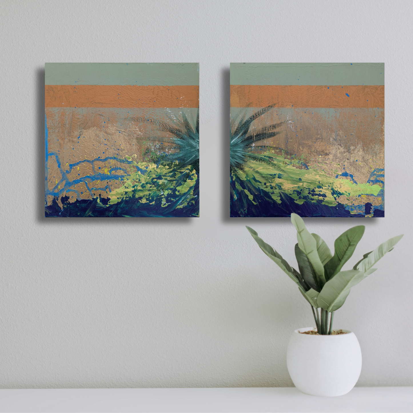 Volcan vert - Diptyque peintures acryliques originales 25x25cm (2025)