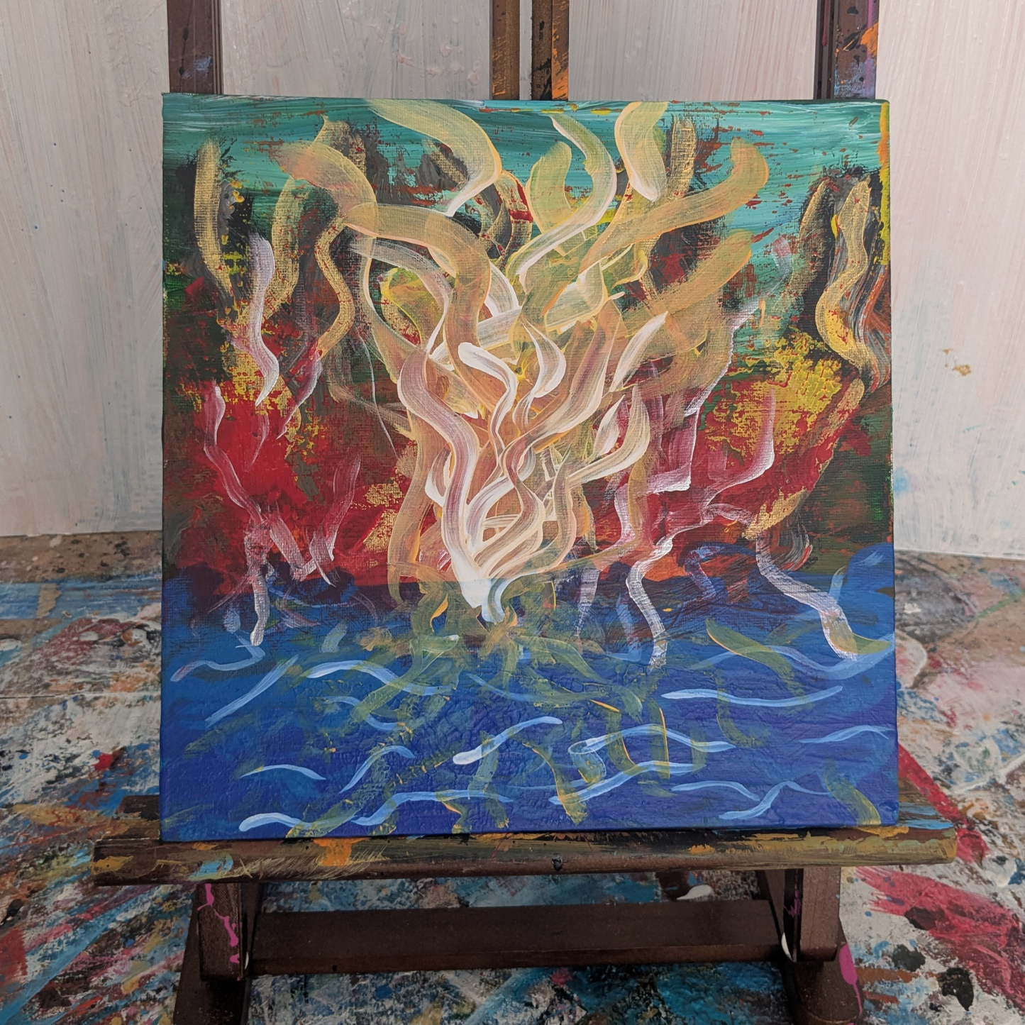 Feu sur le lac - peinture acrylique originale 25x25cm (2025)