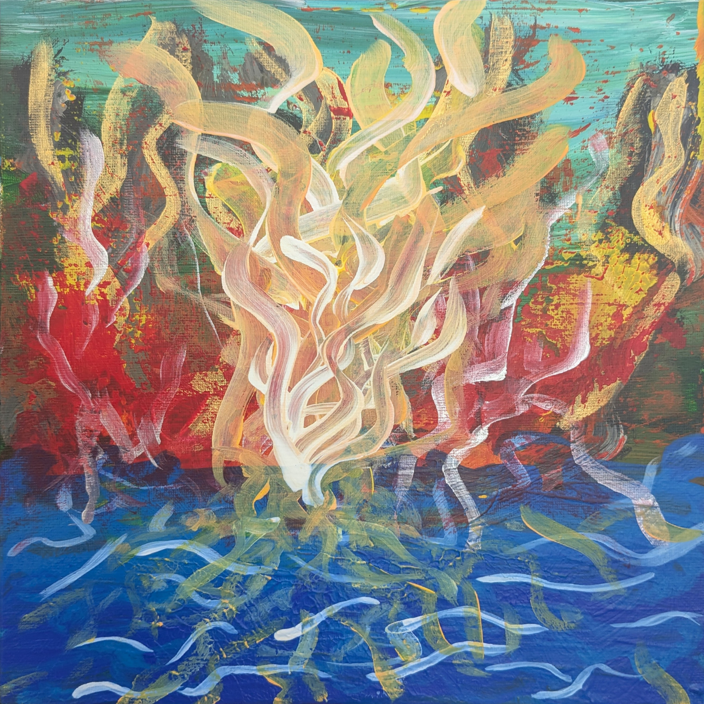 Feu sur le lac - peinture acrylique originale 25x25cm (2025)