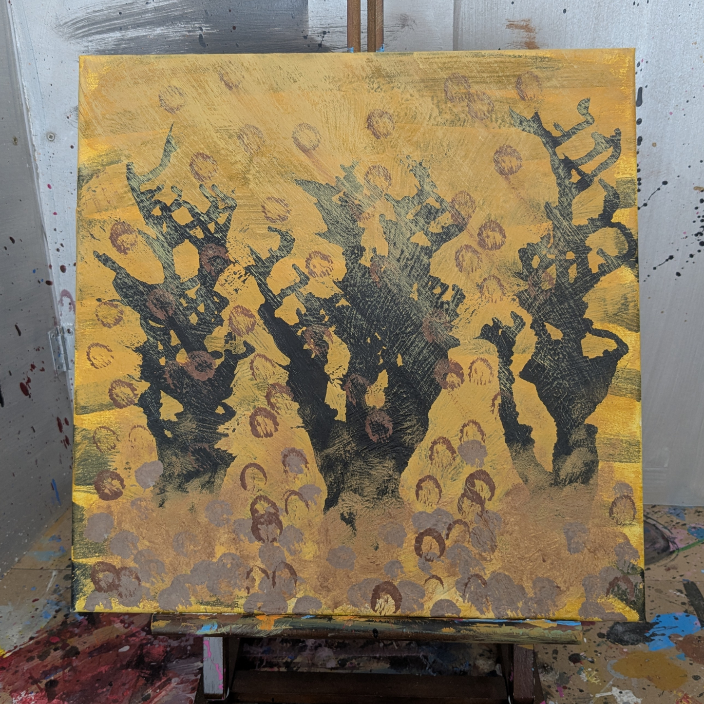 Les trois arbres du feu - peinture acrylique originale 30x30cm (2025)