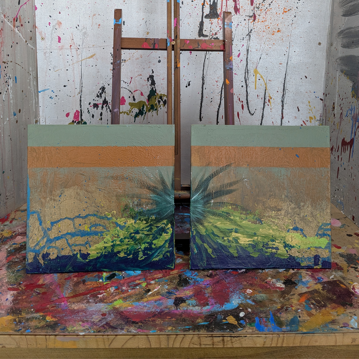 Volcan vert - Diptyque peintures acryliques originales 25x25cm (2025)