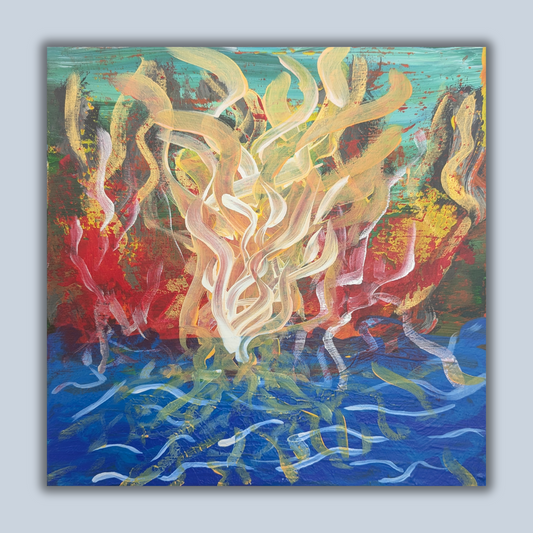 Feu sur le lac - peinture acrylique originale 25x25cm (2025)