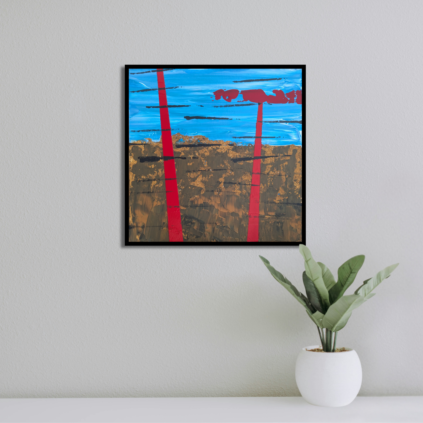 Deux tours rouges - peinture acrylique originale 25x25cm (2025)