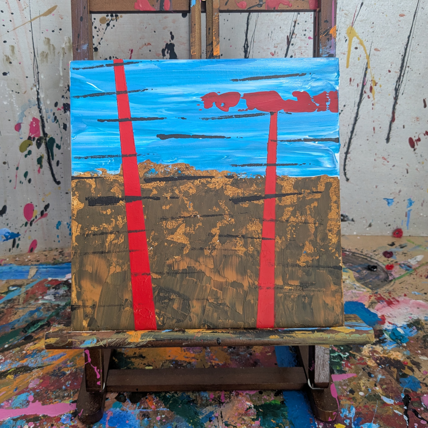 Deux tours rouges - peinture acrylique originale 25x25cm (2025)