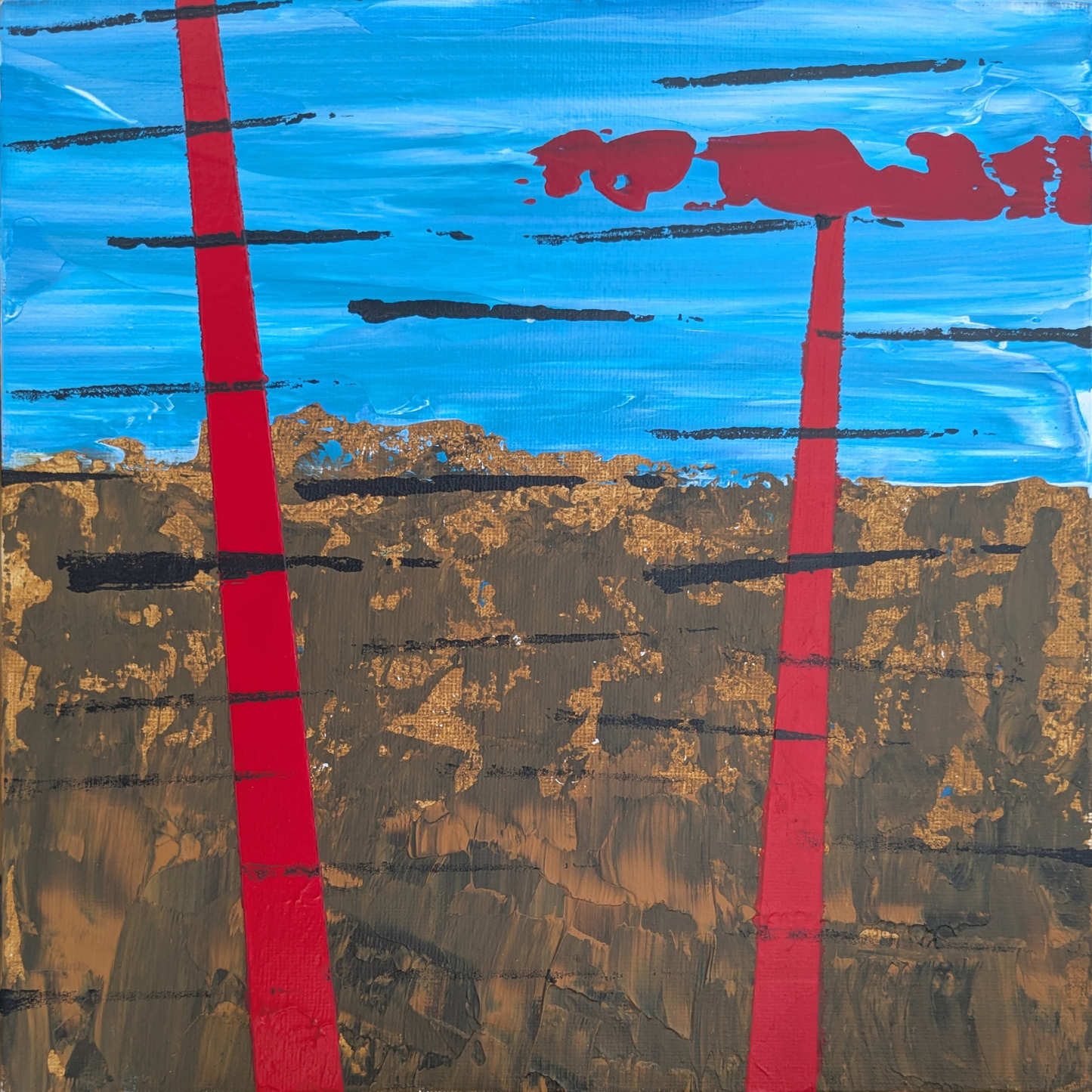 Deux tours rouges - peinture acrylique originale 25x25cm (2025)